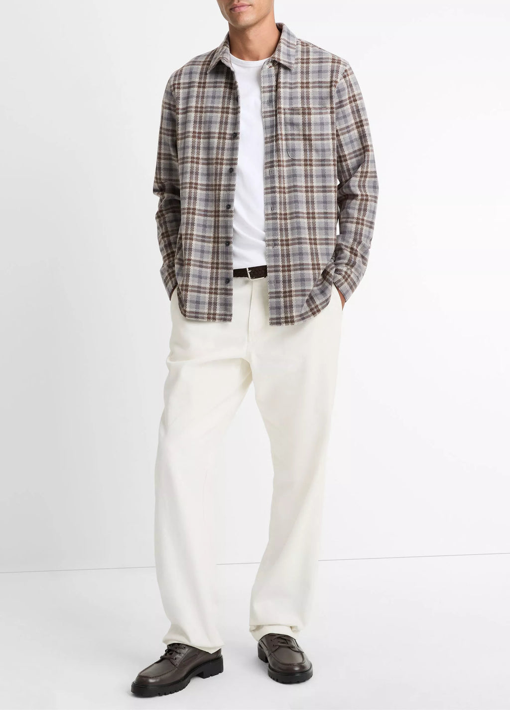 Vince Plaid Cotton-Blend Shirt Jacket - Heather Fog Combo