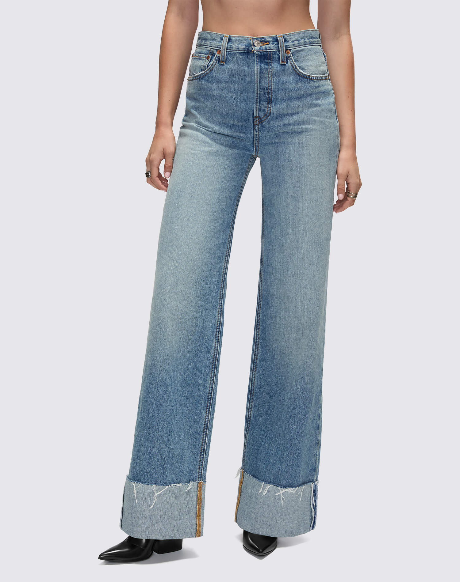 Re/Done High Rise Wide Leg Cuff - Vintage Biker Blue