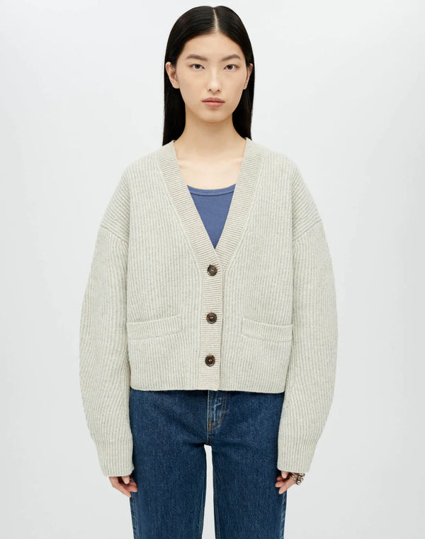Re/Done Plaited Cropped V Neck Cardigan - Oatmeal / Grey Heather