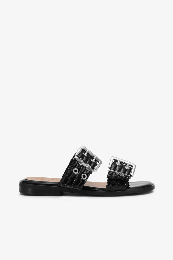 Ganni Black Feminine Buckle Two-Strap Sandals