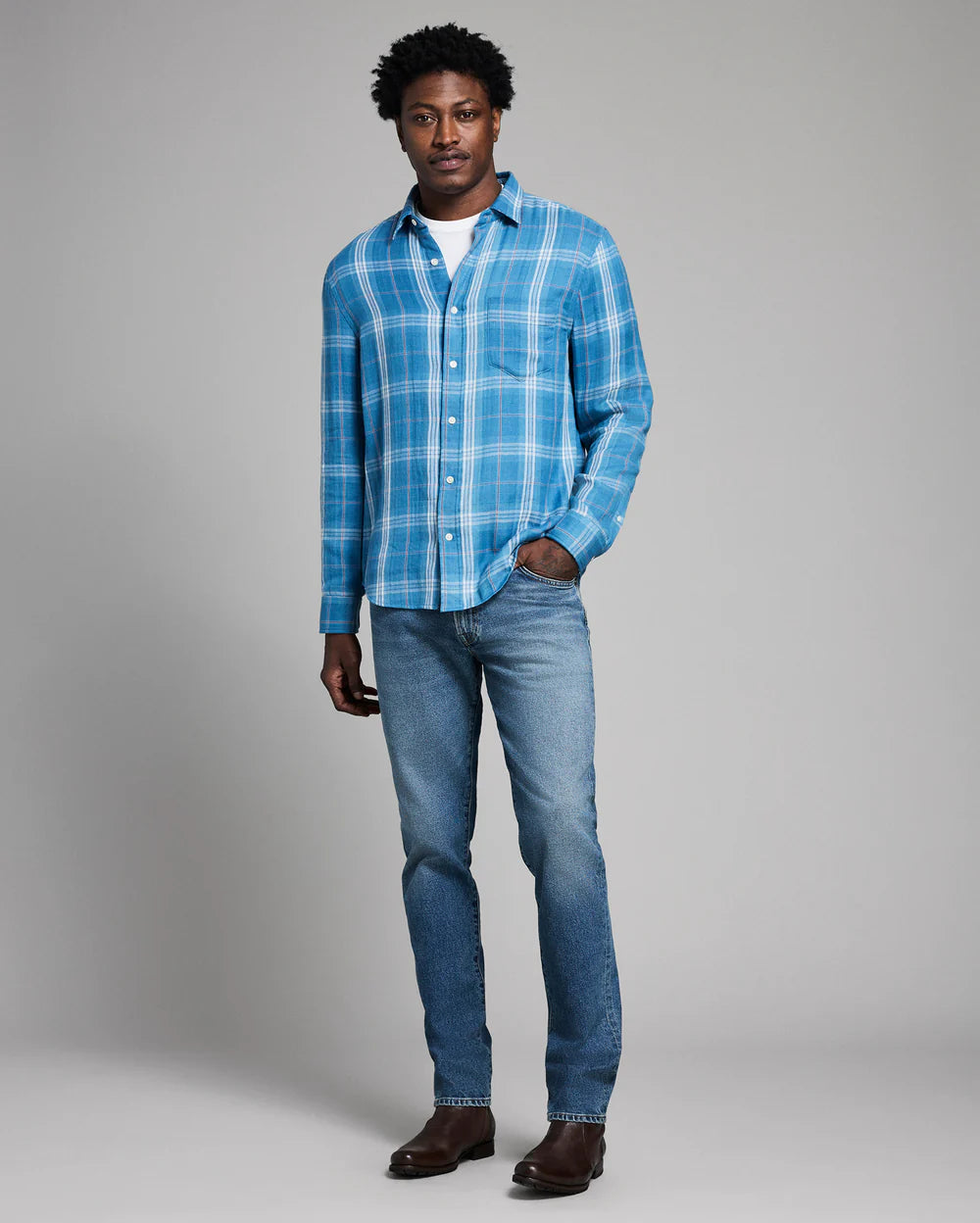 Billy Reid Double Face Plaid  - Cypress Shirt - Washed Indigo