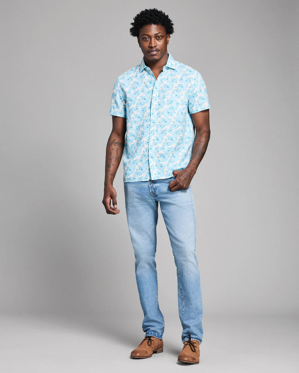 Billy Reid Short Sleeve Textured Painted Floral Shirt - Sky Blue Multi