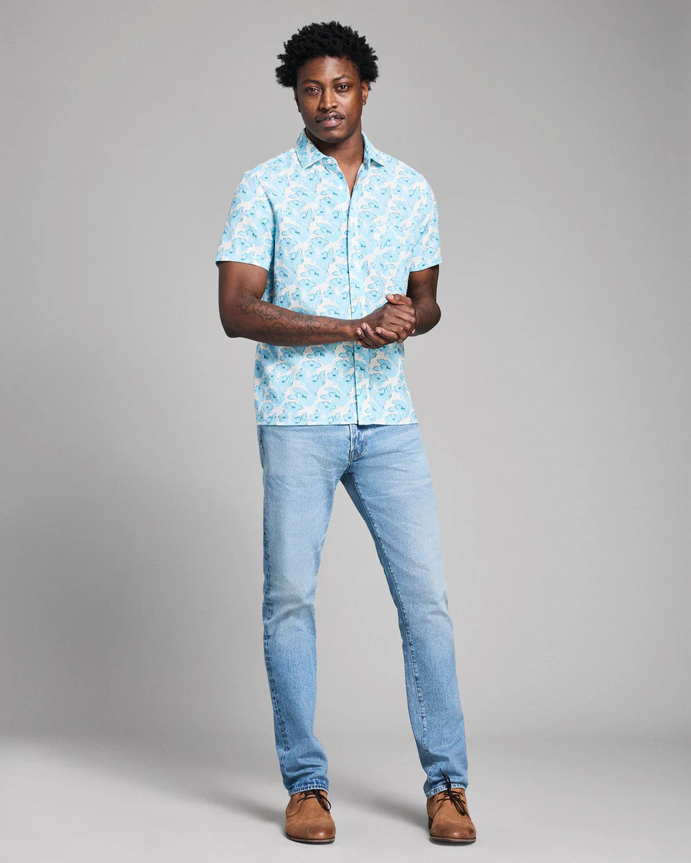 Billy Reid Short Sleeve Textured Painted Floral Shirt - Sky Blue Multi
