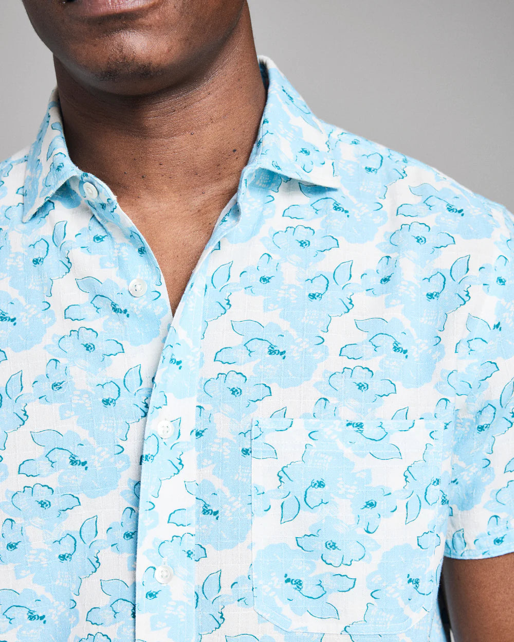 Billy Reid Short Sleeve Textured Painted Floral Shirt - Sky Blue Multi