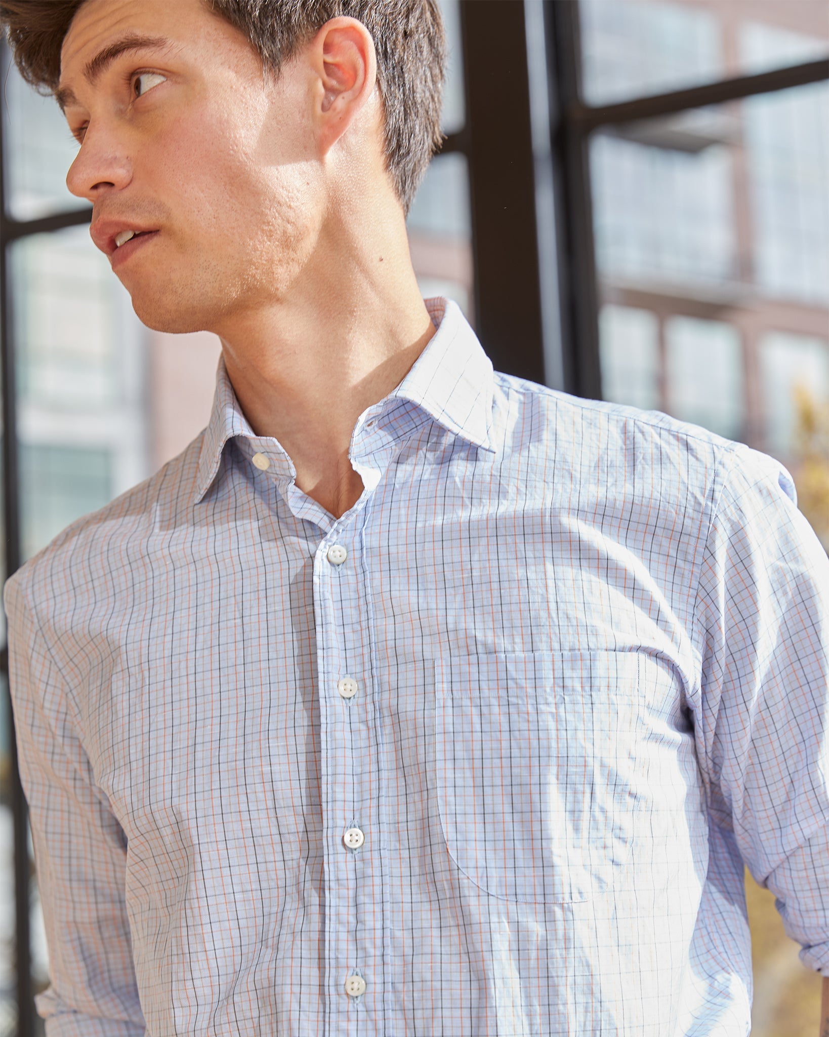 Sid Mashburn Spread Collar Sport Shirt in Blue/Orange/Olive Tattersall