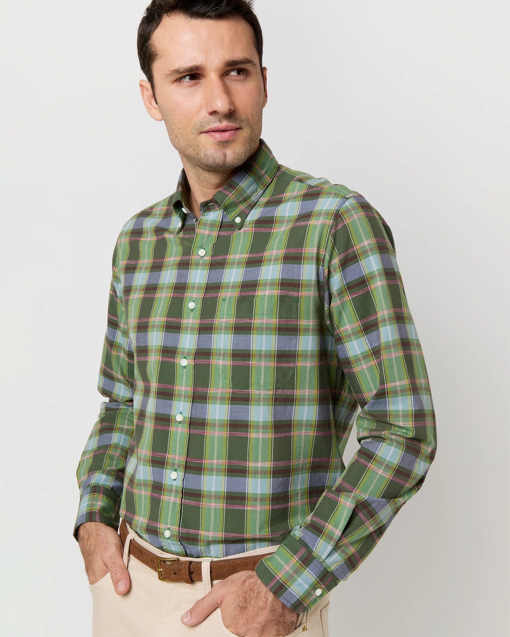 Sid Mashburn Button-Down Sport Shirt - Green/Red/Sky Madras