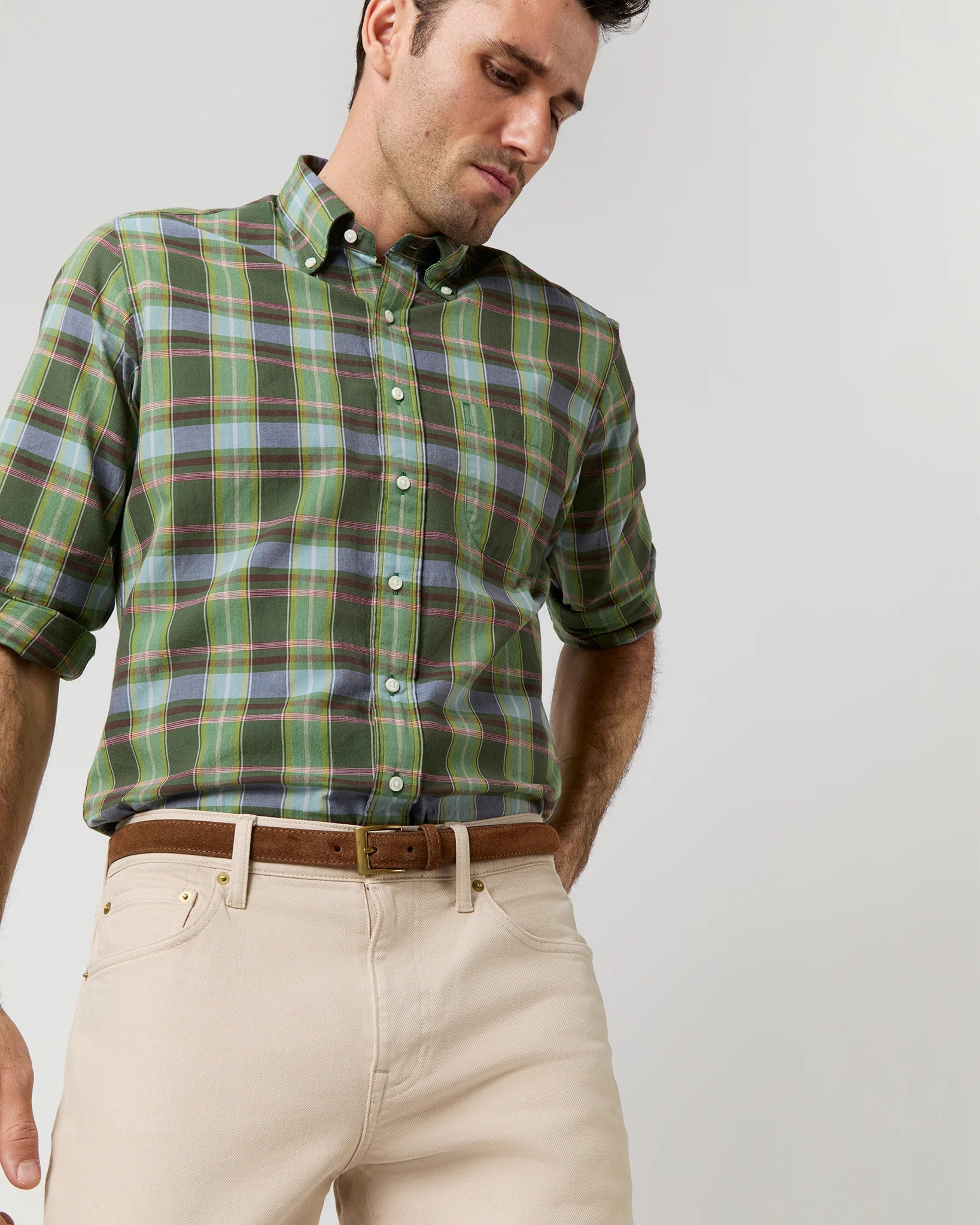 Sid Mashburn Button-Down Sport Shirt - Green/Red/Sky Madras