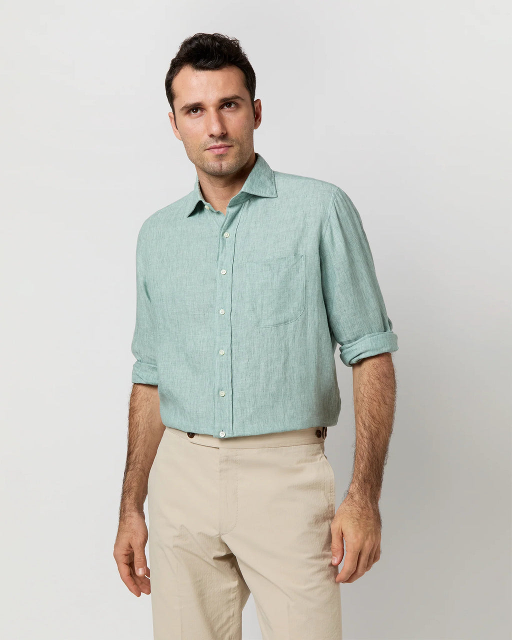 Sid Mashburn Spread Collar Linen Sport Shirt - Thyme