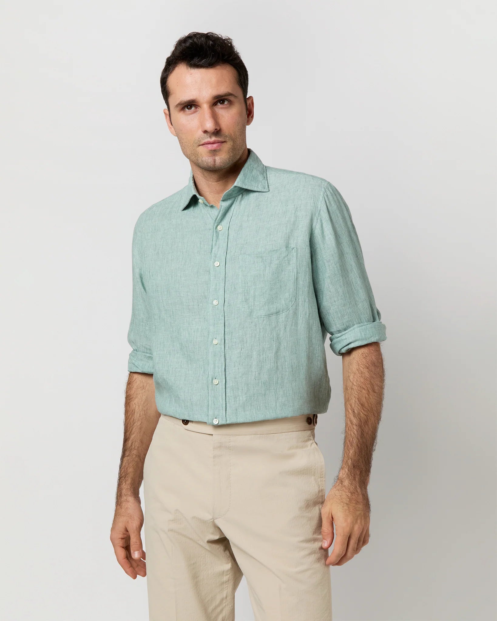 Sid Mashburn Spread Collar Linen Sport Shirt - Thyme