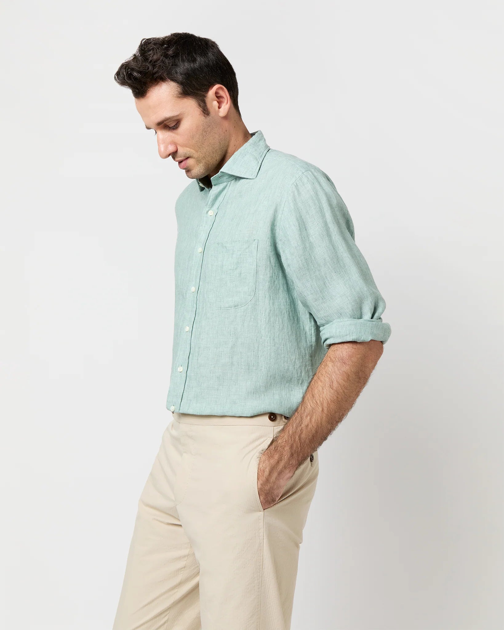 Sid Mashburn Spread Collar Linen Sport Shirt - Thyme