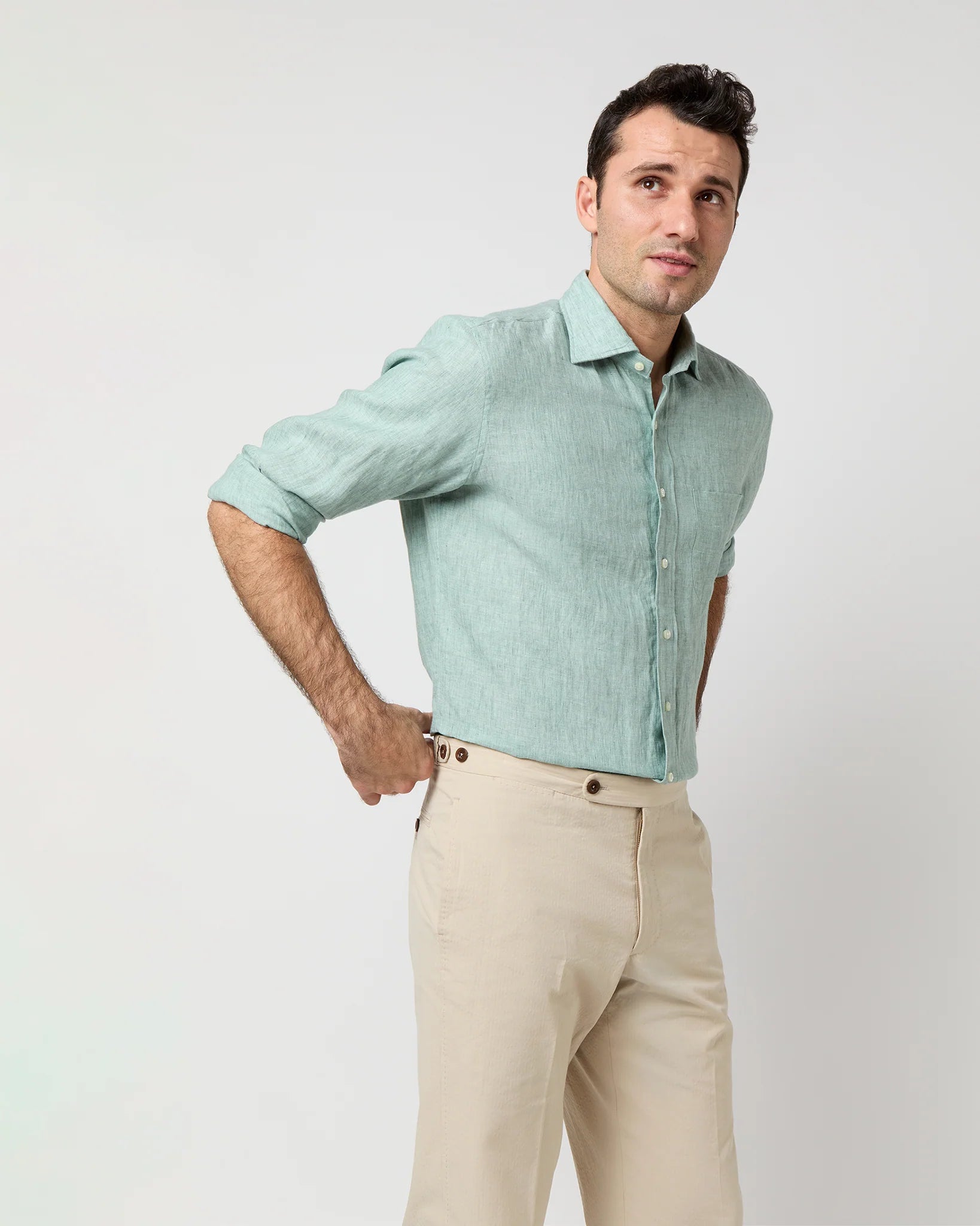 Sid Mashburn Spread Collar Linen Sport Shirt - Thyme