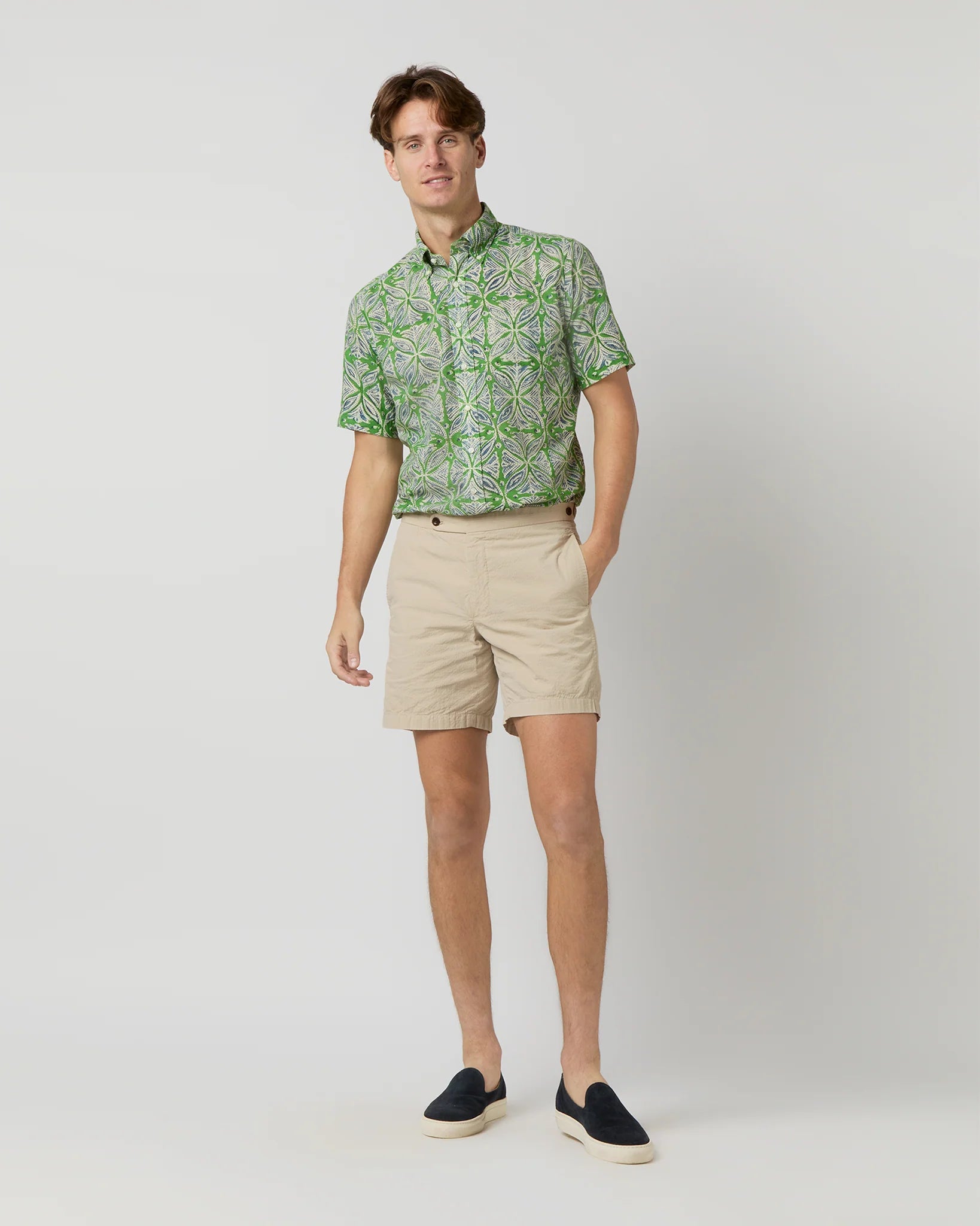 Sid Mashburn Short-Sleeved Button-Down Sport Shirt - Green/Blue Block