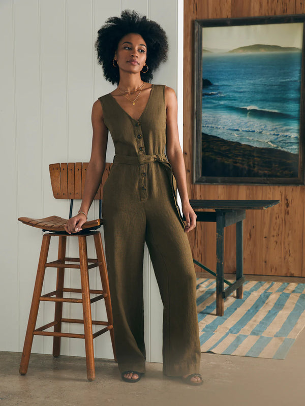 Faherty Linen Alina Jumpsuit - Military Olive