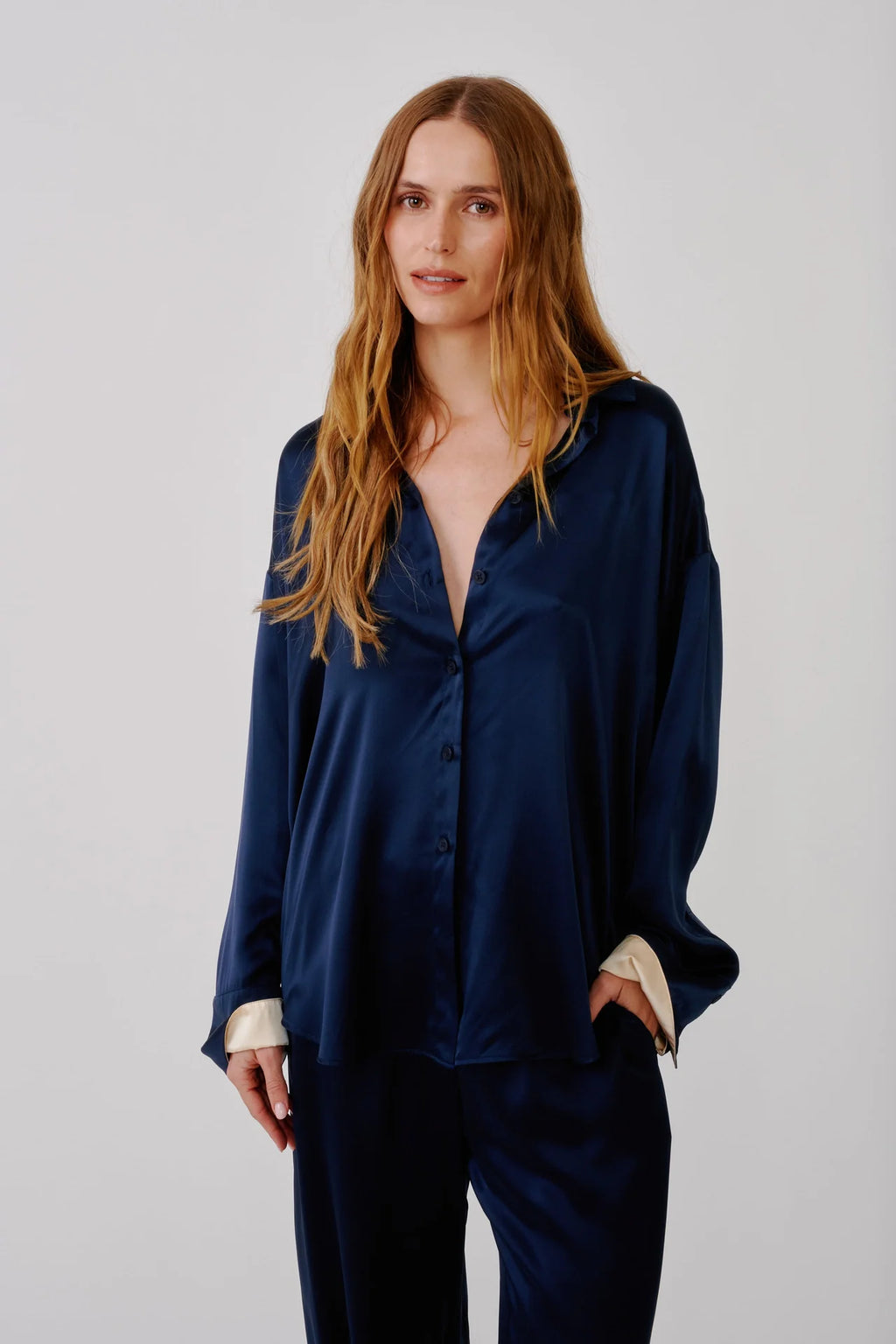 Sablyn Benton  LS Silk Button Down | Midnight Navy Multi