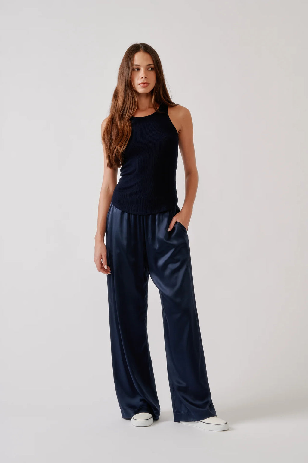 Sablyn Brynn High Rise Wide Leg Silk Pant  | Midnight Navy