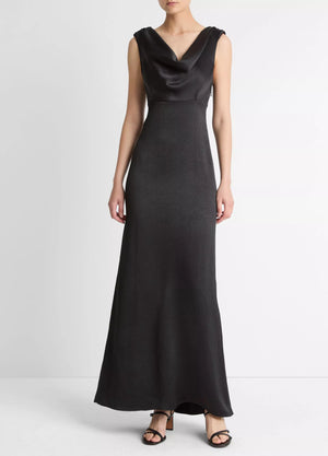 Vince Satin Draped Cowl-Neck Maxi Dress - Black