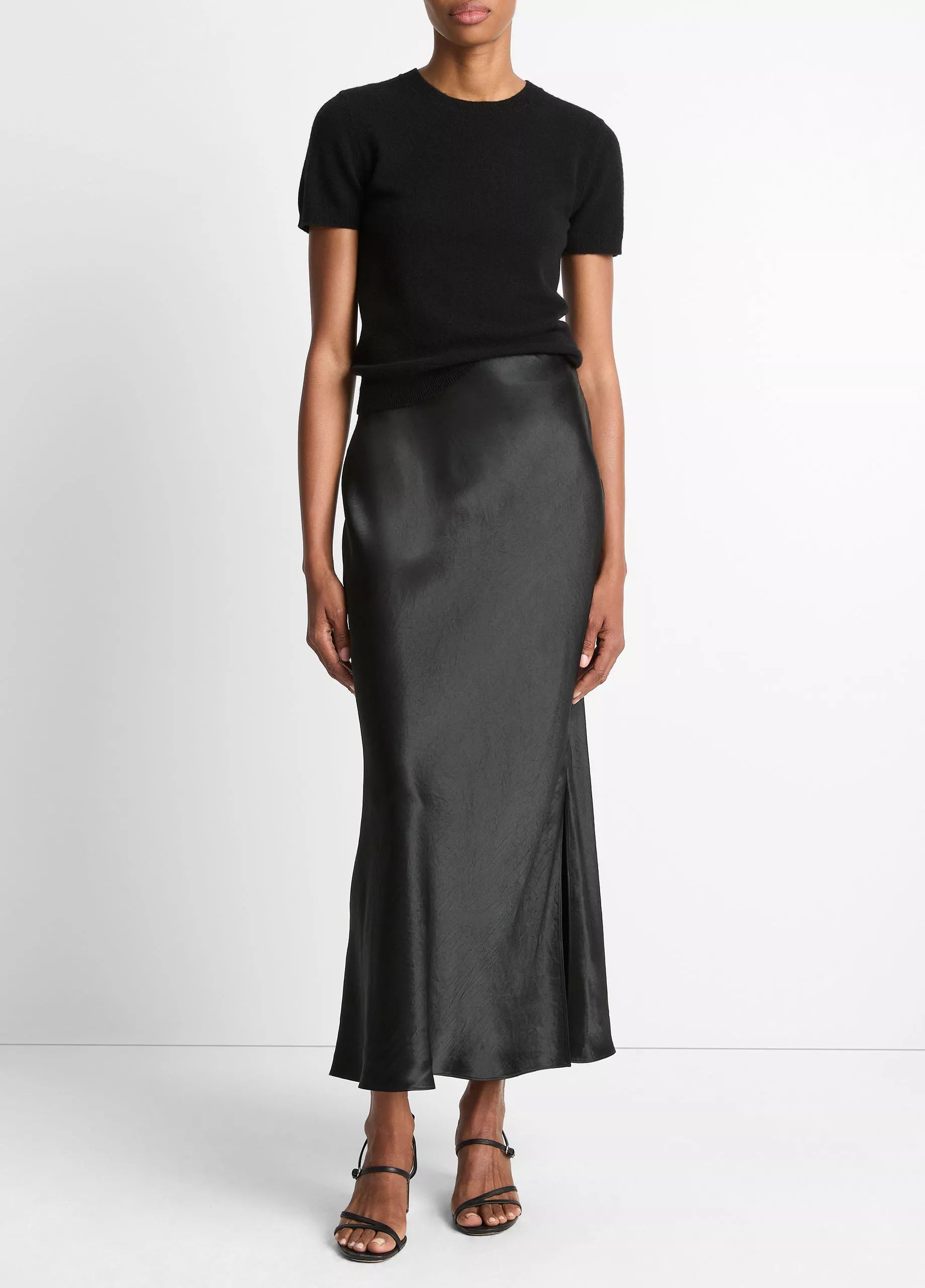 Vince Satin Side-Slit Slip Skirt -Black