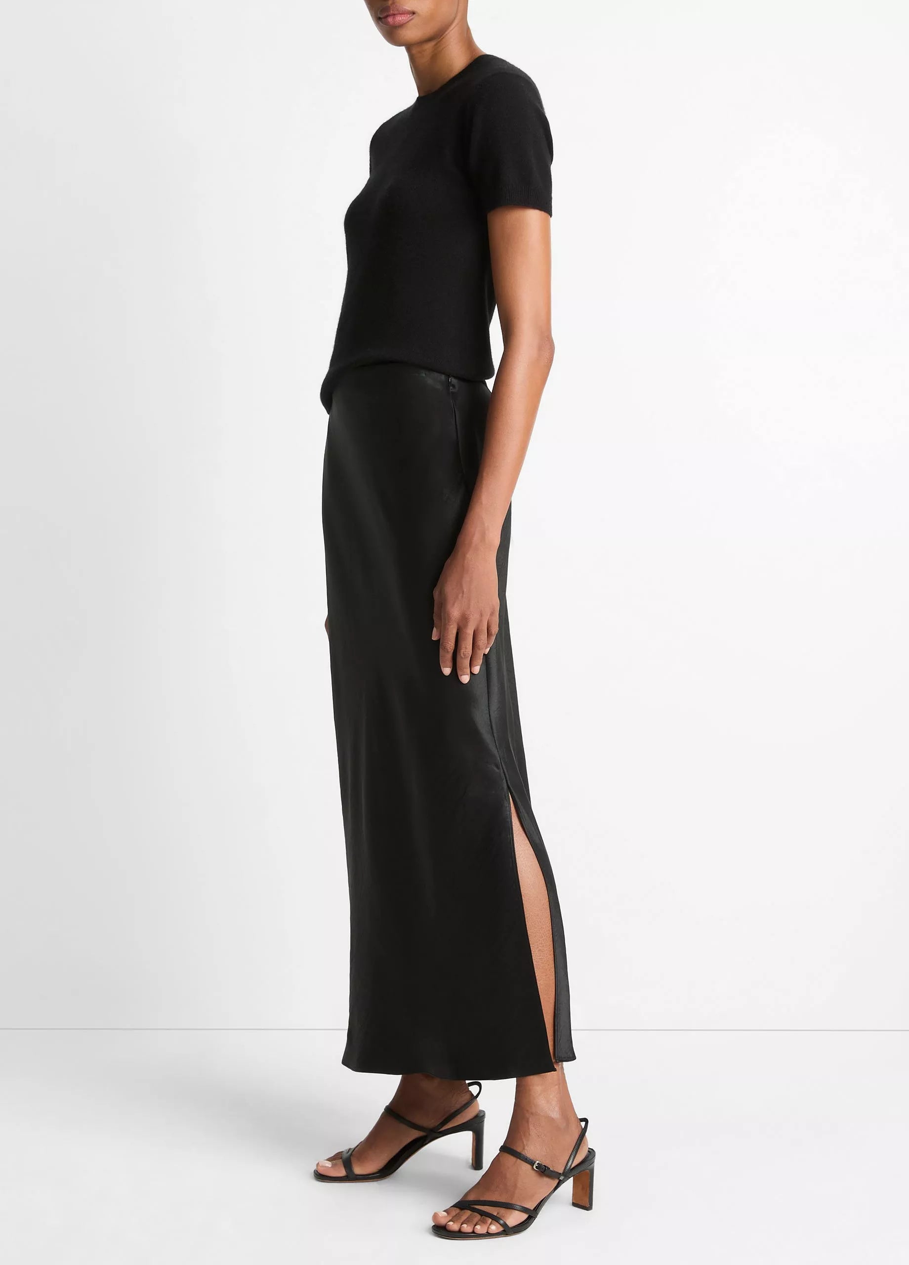 Vince Satin Side-Slit Slip Skirt -Black