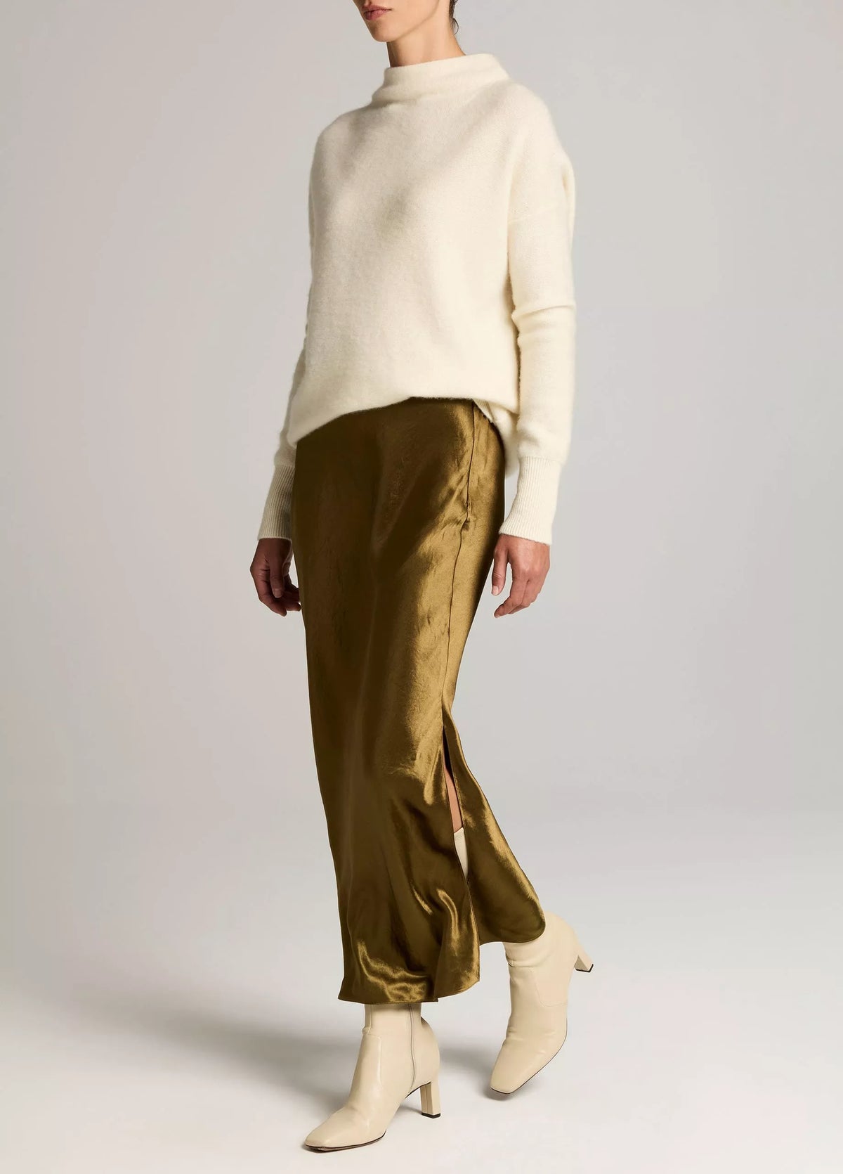 Vince Satin Side-Slit Slip Skirt - Moss Ochre