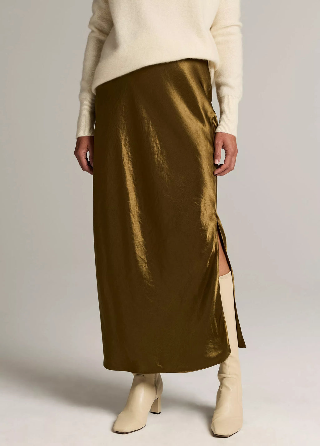 Vince Satin Side-Slit Slip Skirt - Moss Ochre