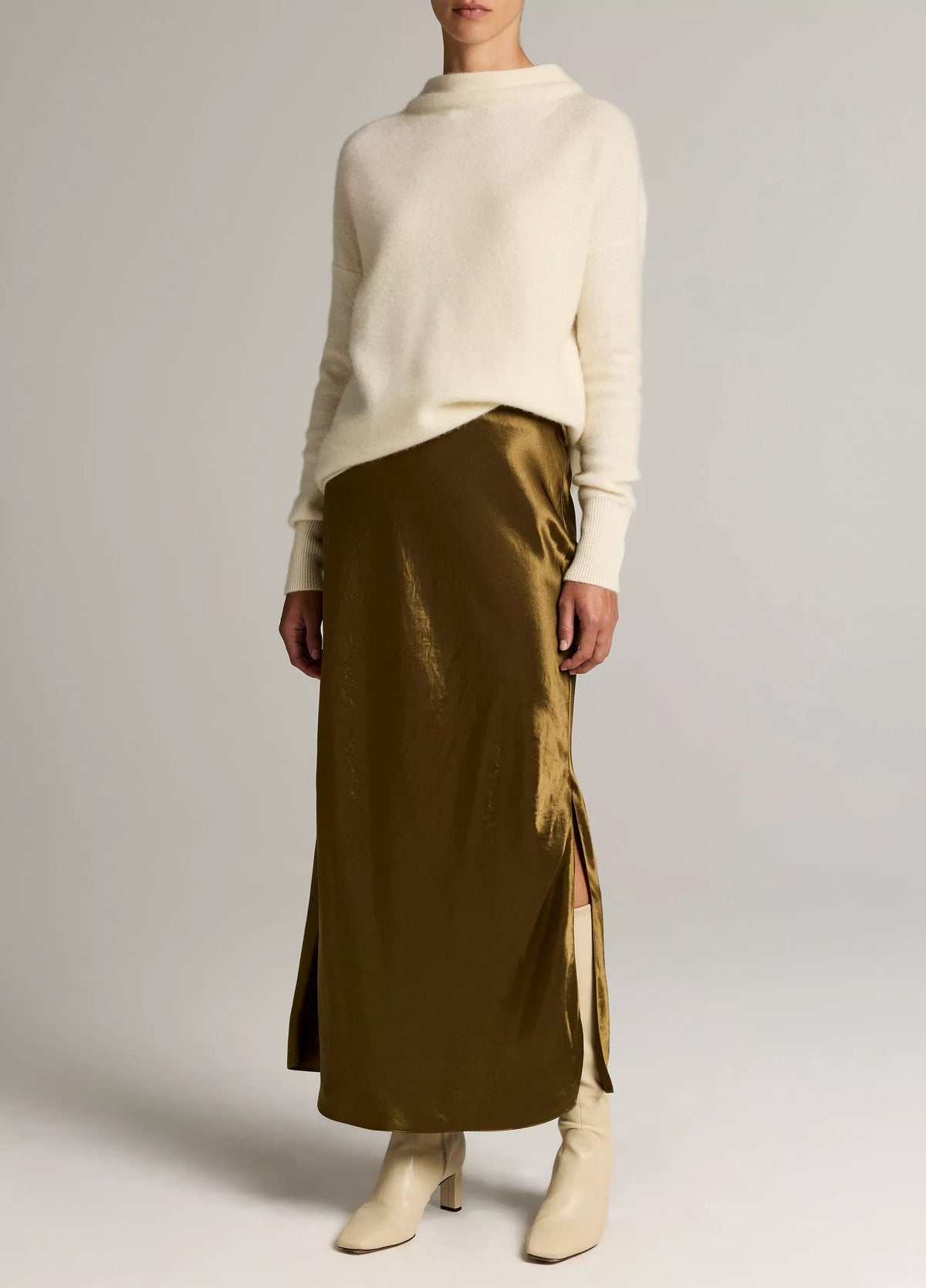 Vince Satin Side-Slit Slip Skirt - Moss Ochre
