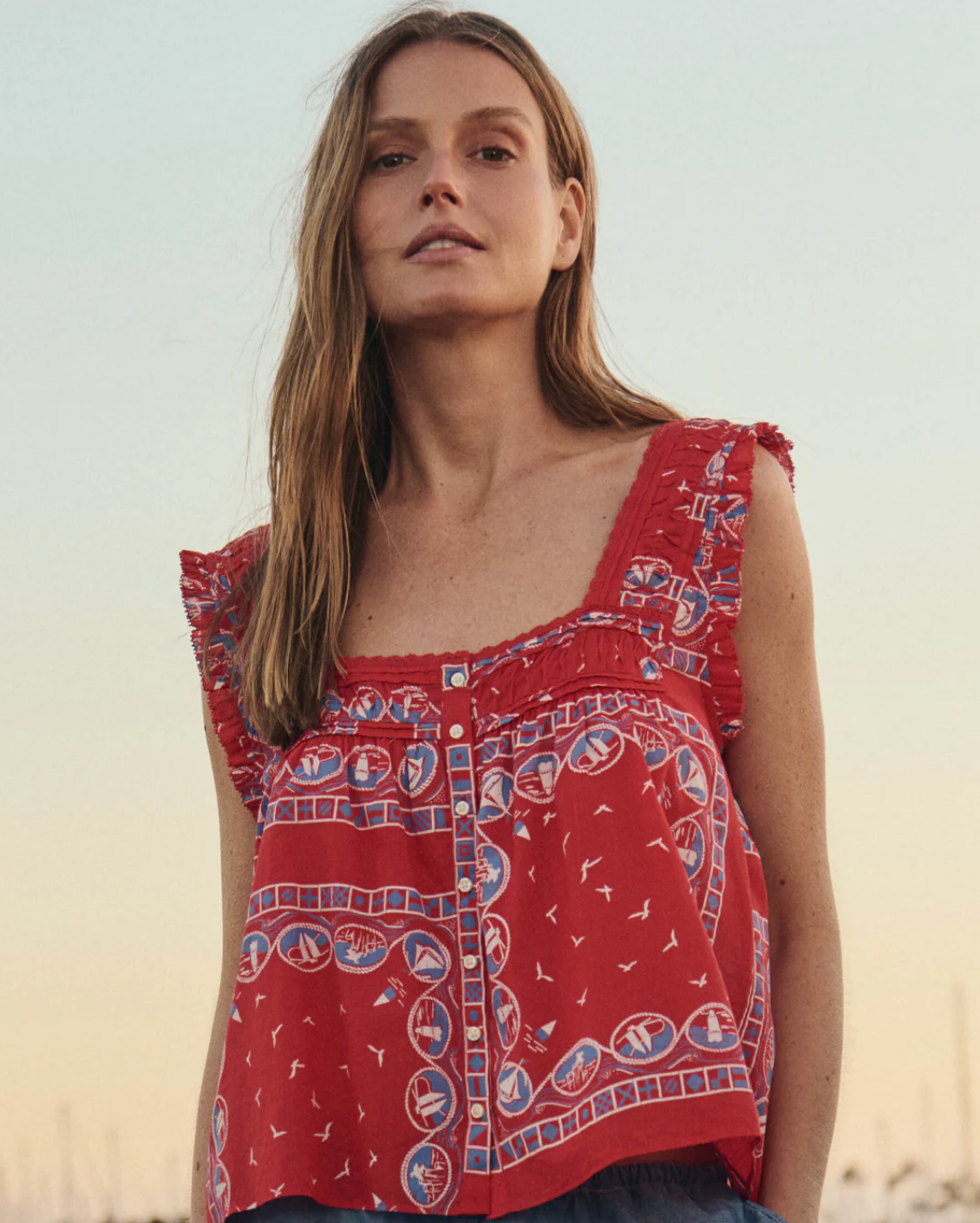 The Great The Victorian Pleat Tank - Red Sailboat Bandana