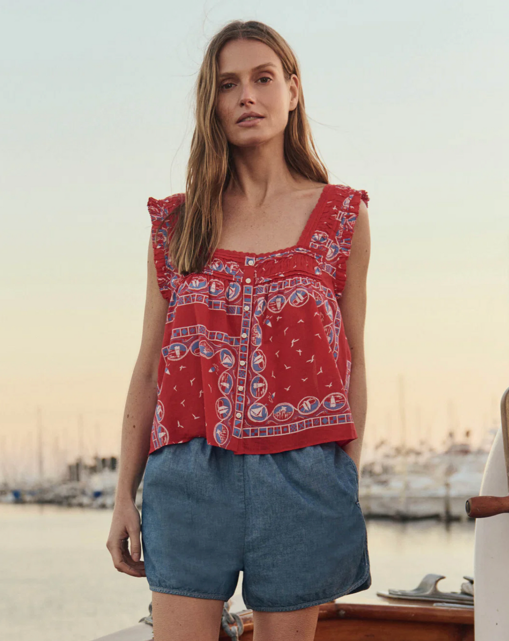 The Great The Victorian Pleat Tank - Red Sailboat Bandana