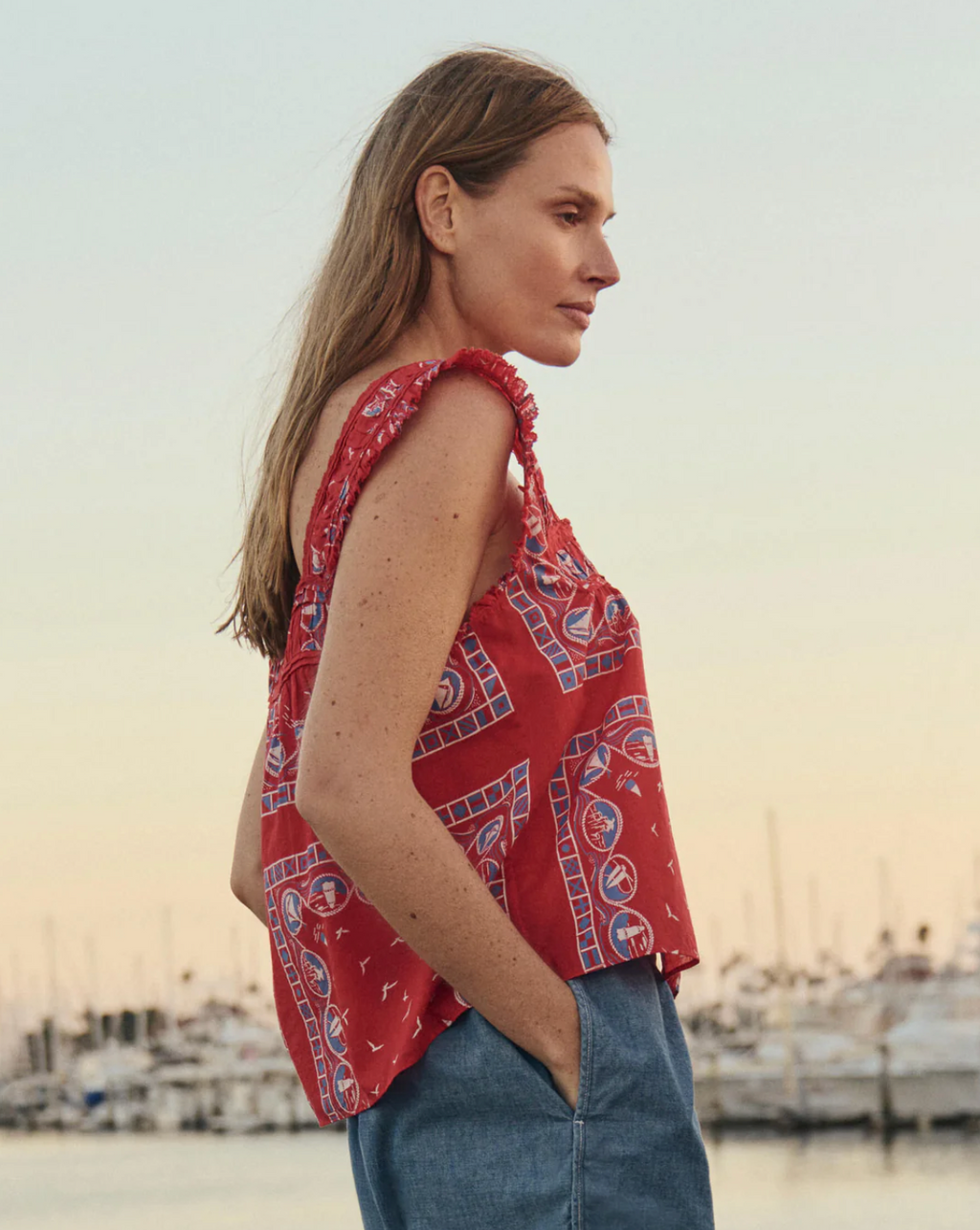 The Great The Victorian Pleat Tank - Red Sailboat Bandana