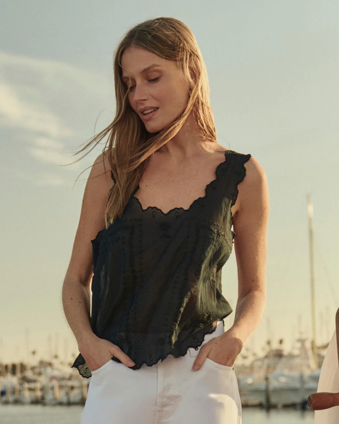 The Great The Scalloped Eyelet Tank - Black