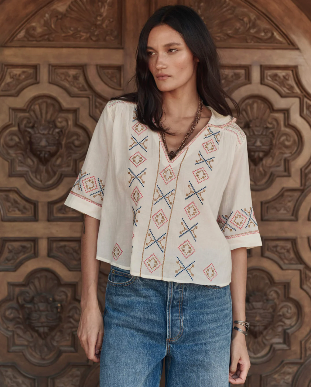 The Great The Embroidered Vintage Sailor Top - Cream