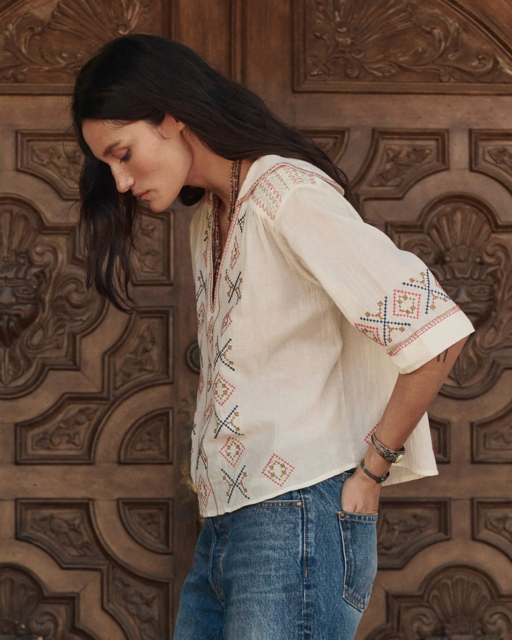 The Great The Embroidered Vintage Sailor Top - Cream