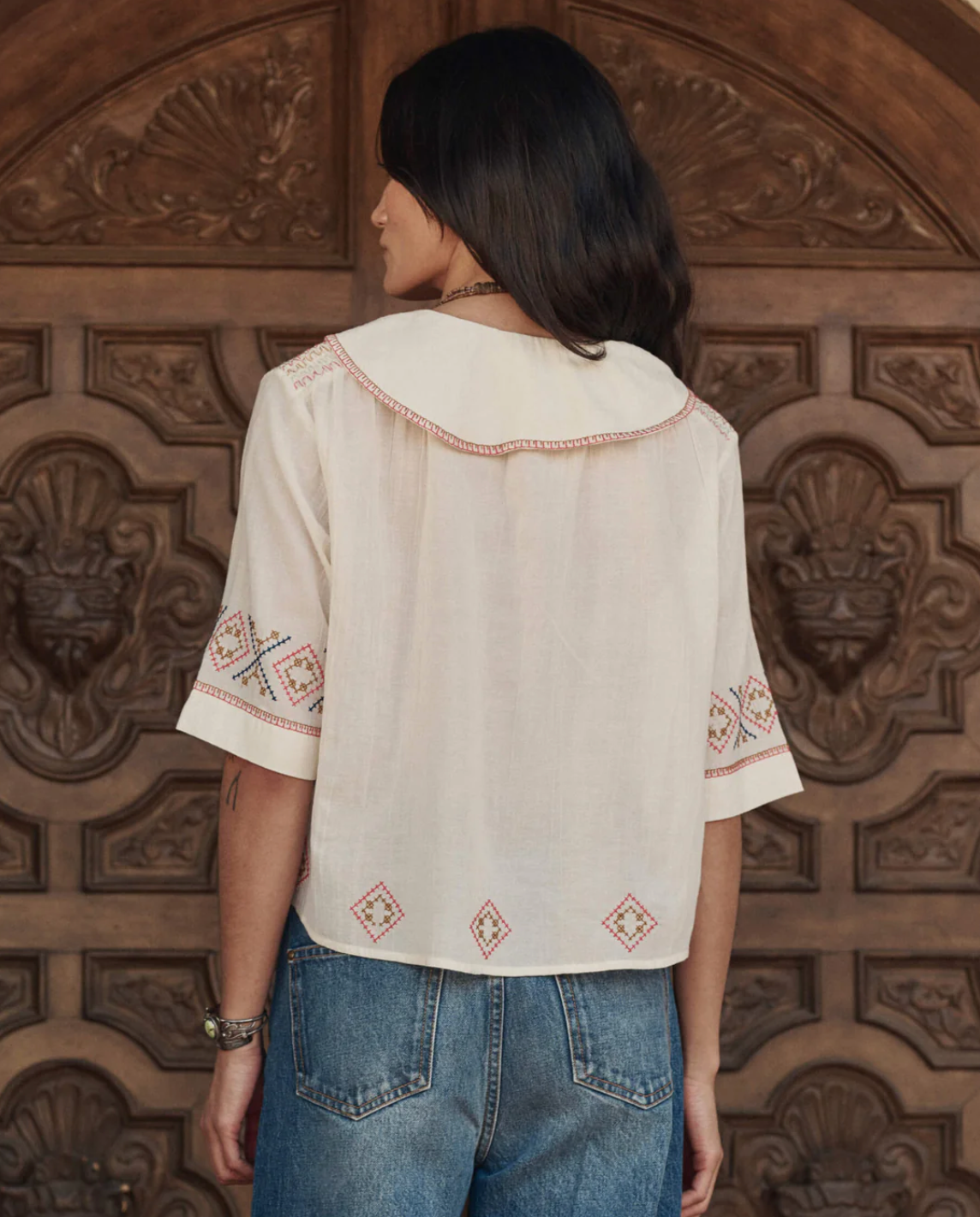 The Great The Embroidered Vintage Sailor Top - Cream
