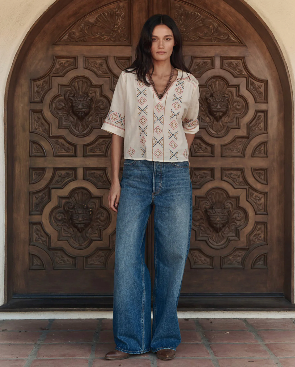 The Great The Embroidered Vintage Sailor Top - Cream
