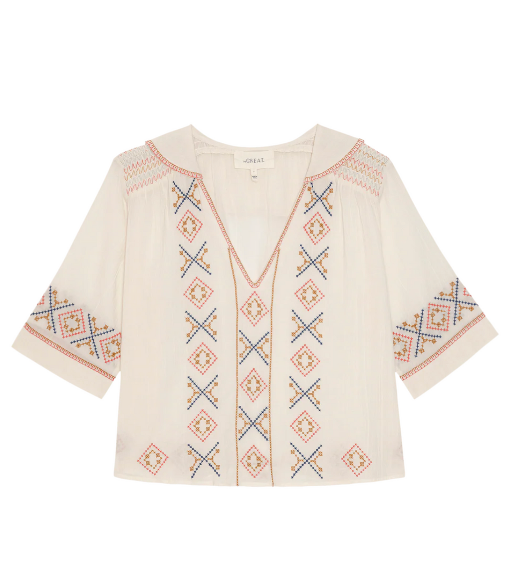 The Great The Embroidered Vintage Sailor Top - Cream
