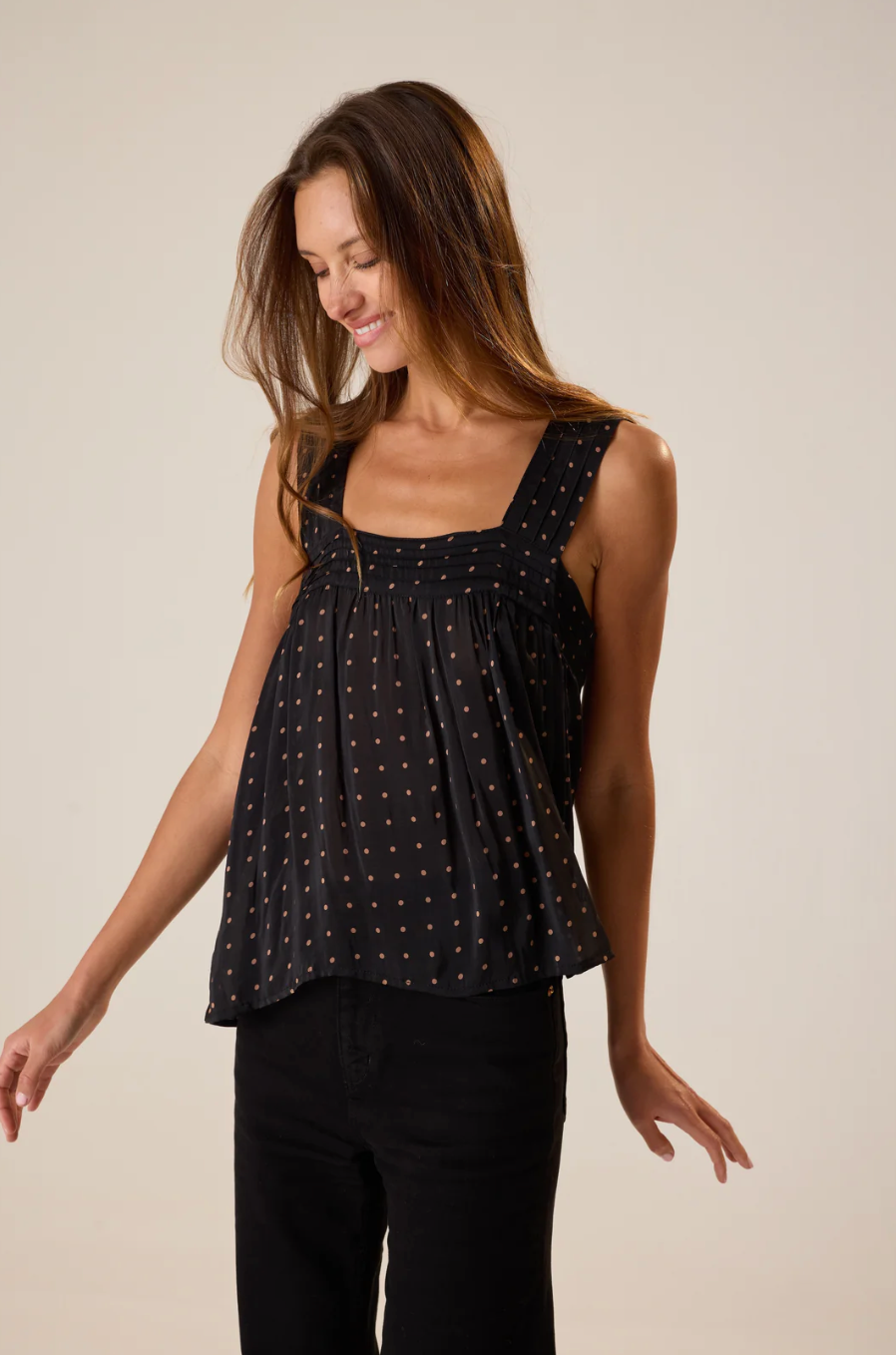 Natalie Martin Jasmine Top - Black and Tan Polka Dot