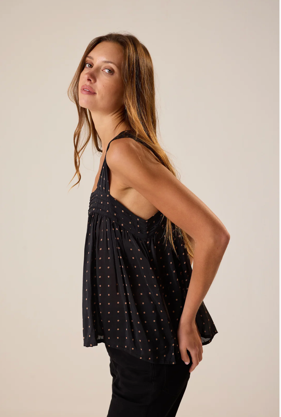 Natalie Martin Jasmine Top - Black and Tan Polka Dot