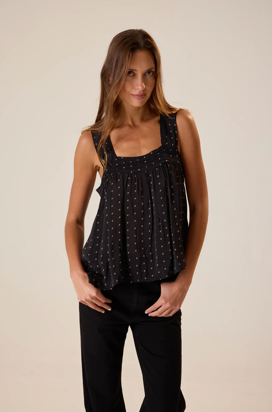 Natalie Martin Jasmine Top - Black and Tan Polka Dot