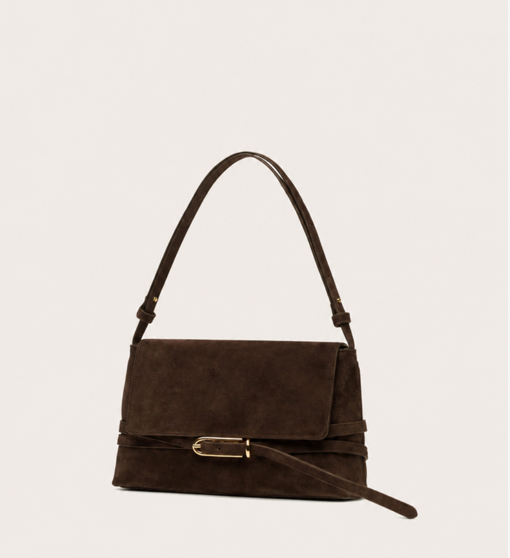 Liffner Belted Shoulder Bag  - Dark Brown Suede