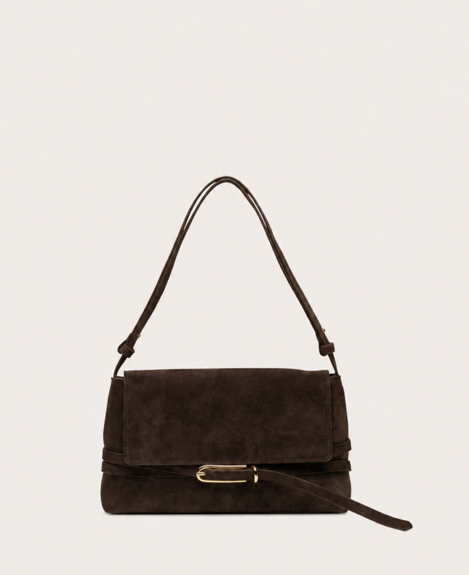 Liffner Belted Shoulder Bag  - Dark Brown Suede