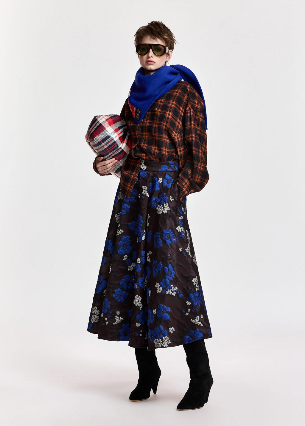 Essentiel Antwerp Brown/Cobalt Floral Jacquard Circle Midi Skirt