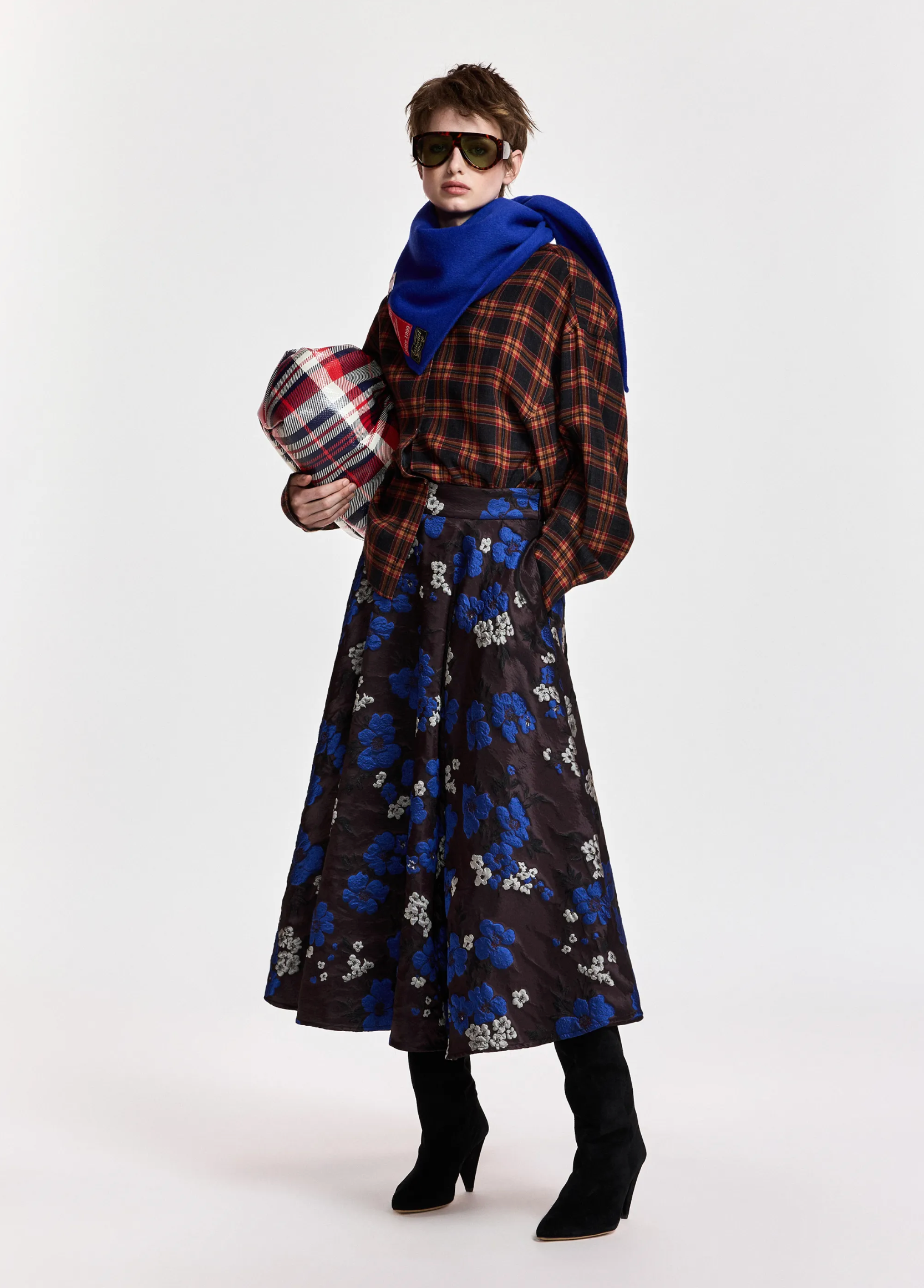 Essentiel Antwerp Brown/Cobalt Floral Jacquard Circle Midi Skirt