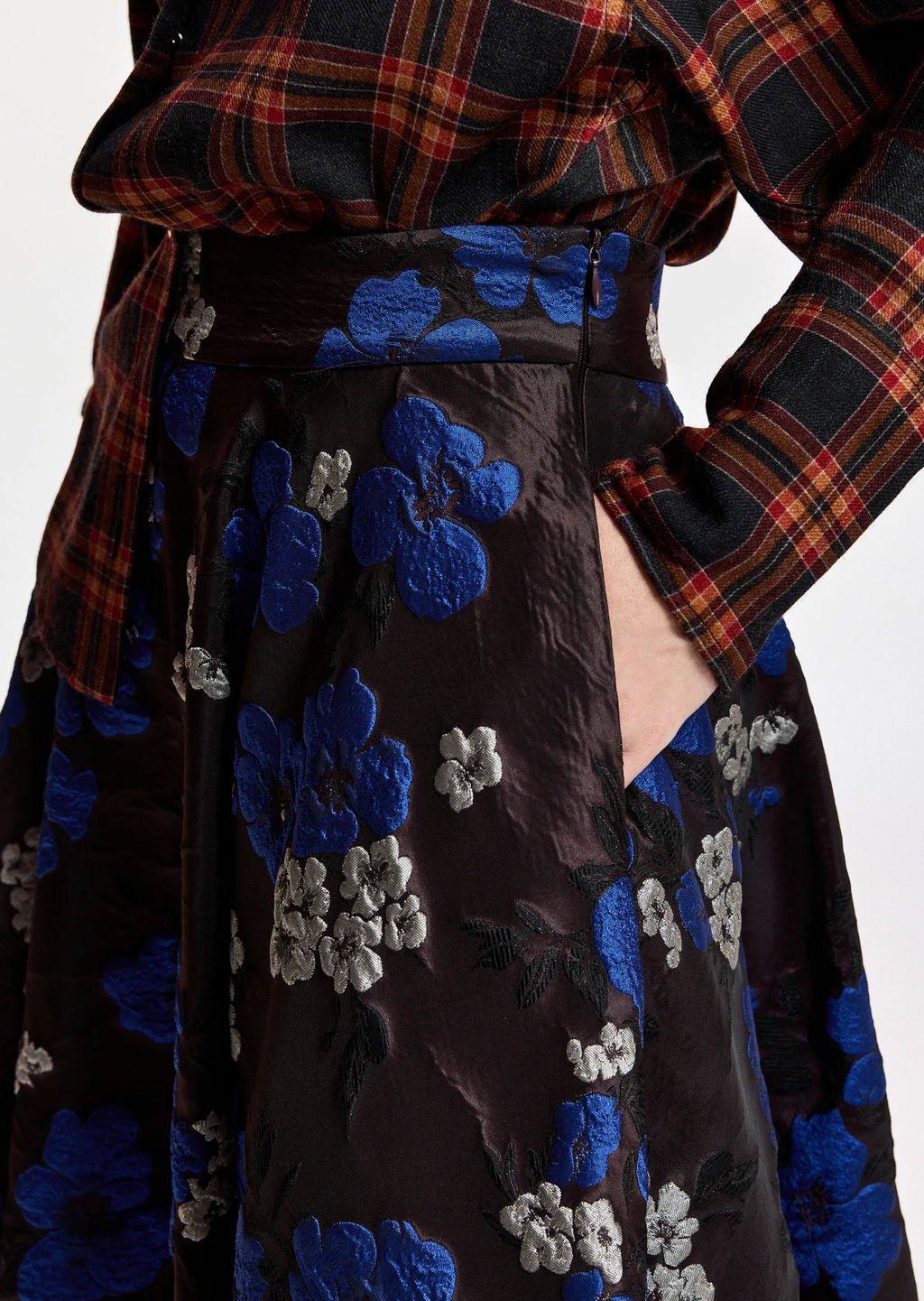 Essentiel Antwerp Brown/Cobalt Floral Jacquard Circle Midi Skirt