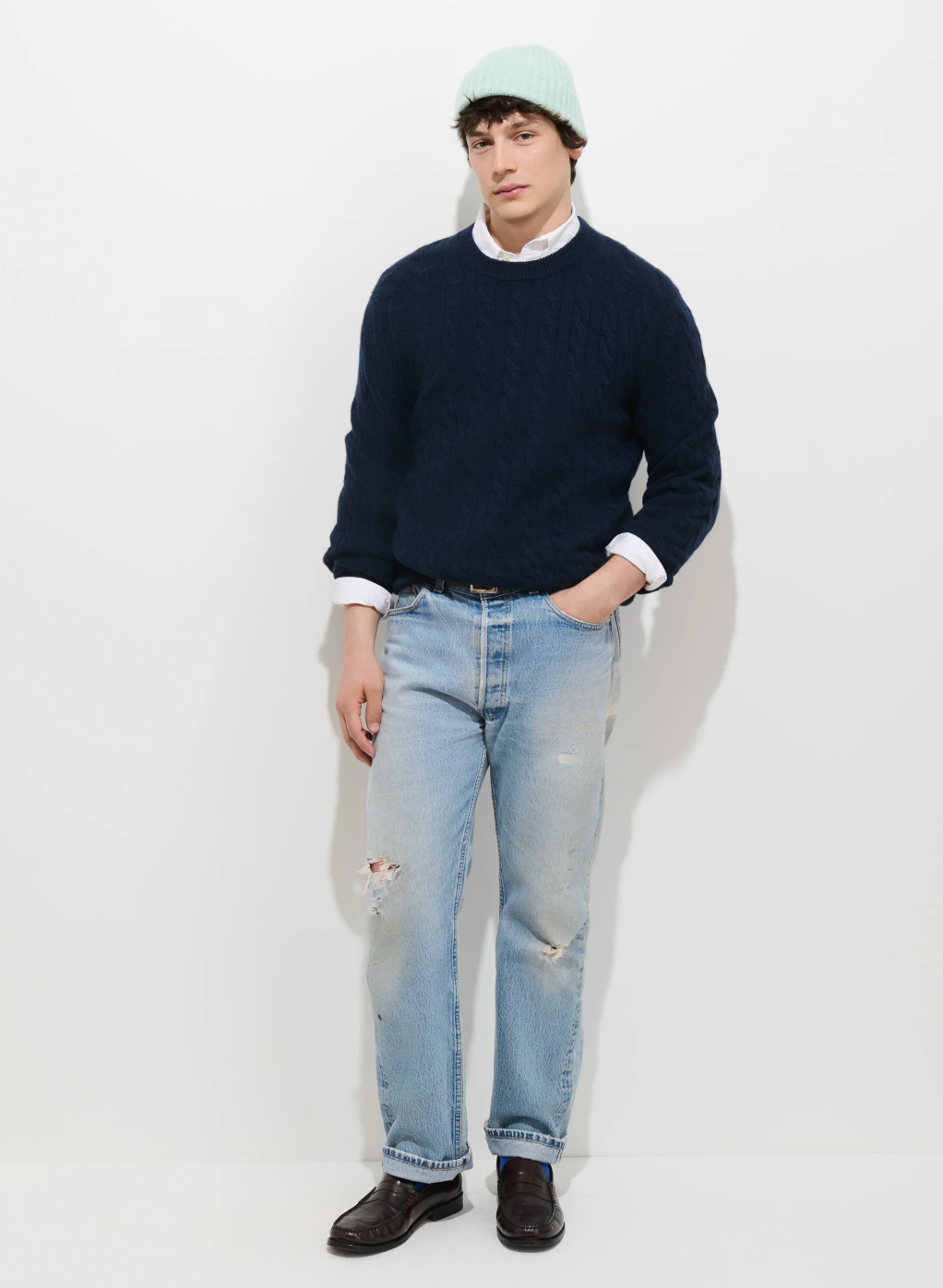 Alex Mill Kingston Cable Sweater Washed Cashmere - Navy