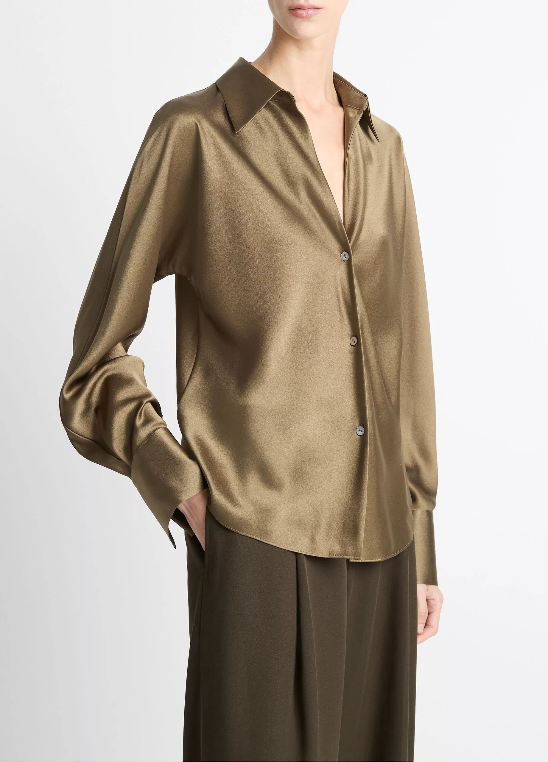 Vince Silk Bias Long-Sleeve Blouse - Cypress