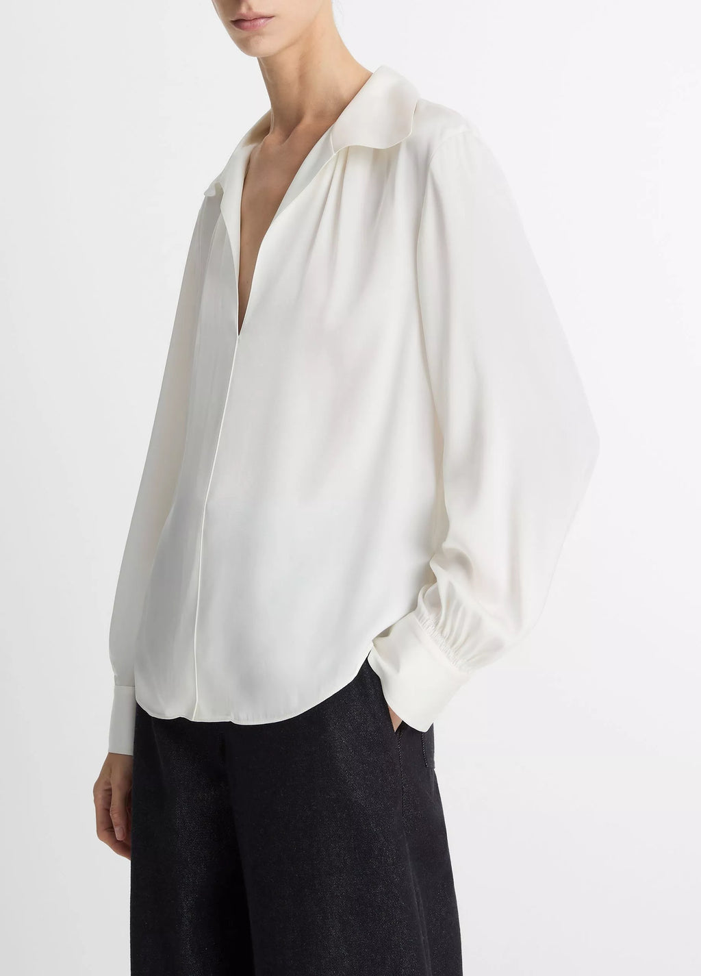 Vince Smocked Silk-Blend Long-Sleeve Blouse - Off-White