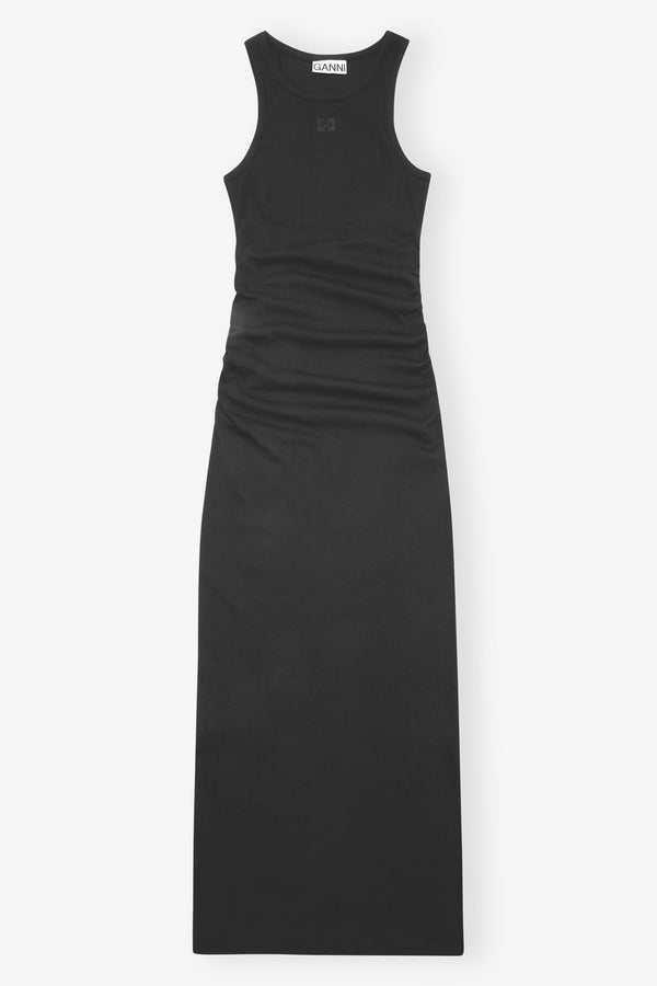 Ganni Black Soft Cotton Rib Tank Top Long Dress