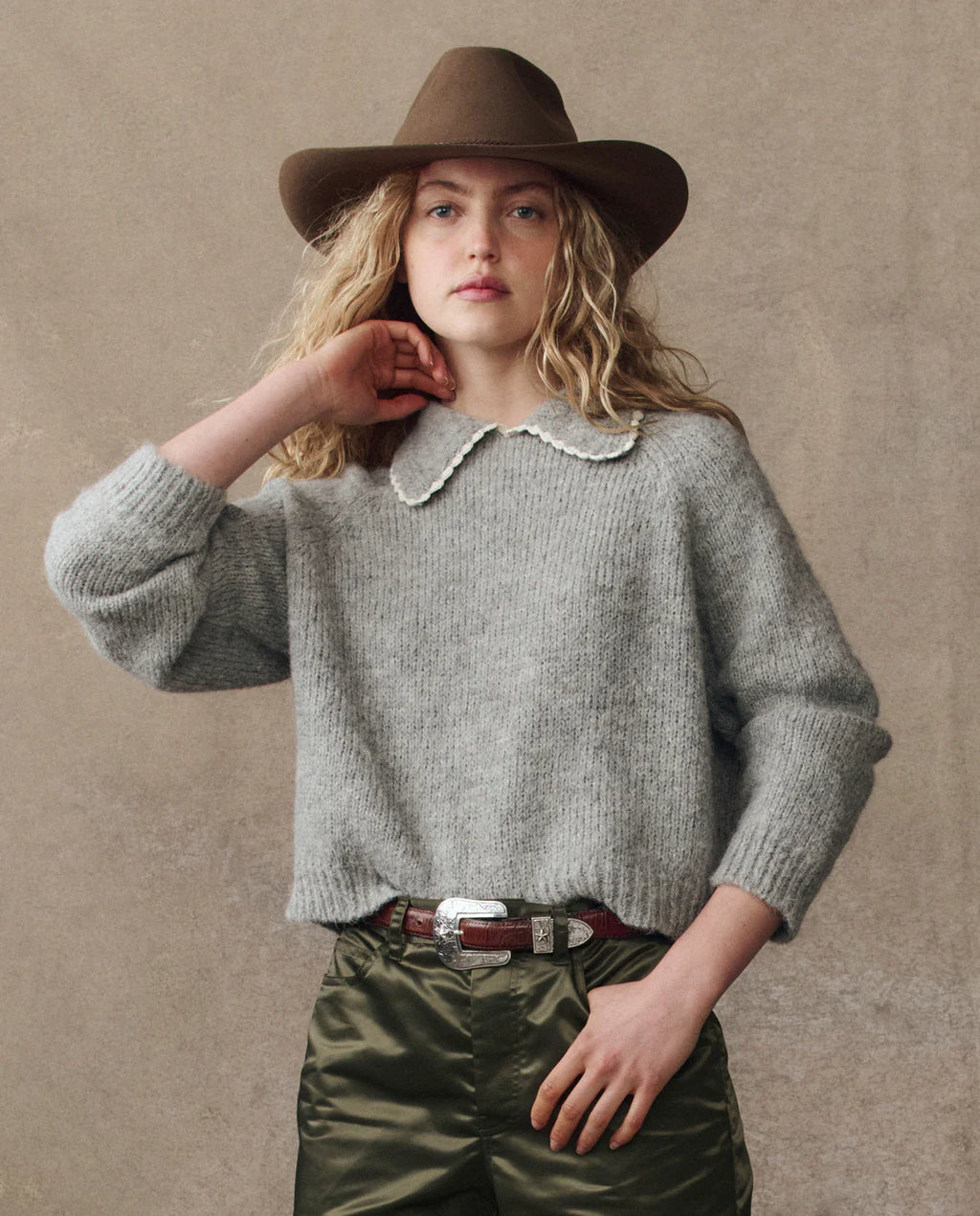 The Great The Crochet Collar Pullover - Heather Grey