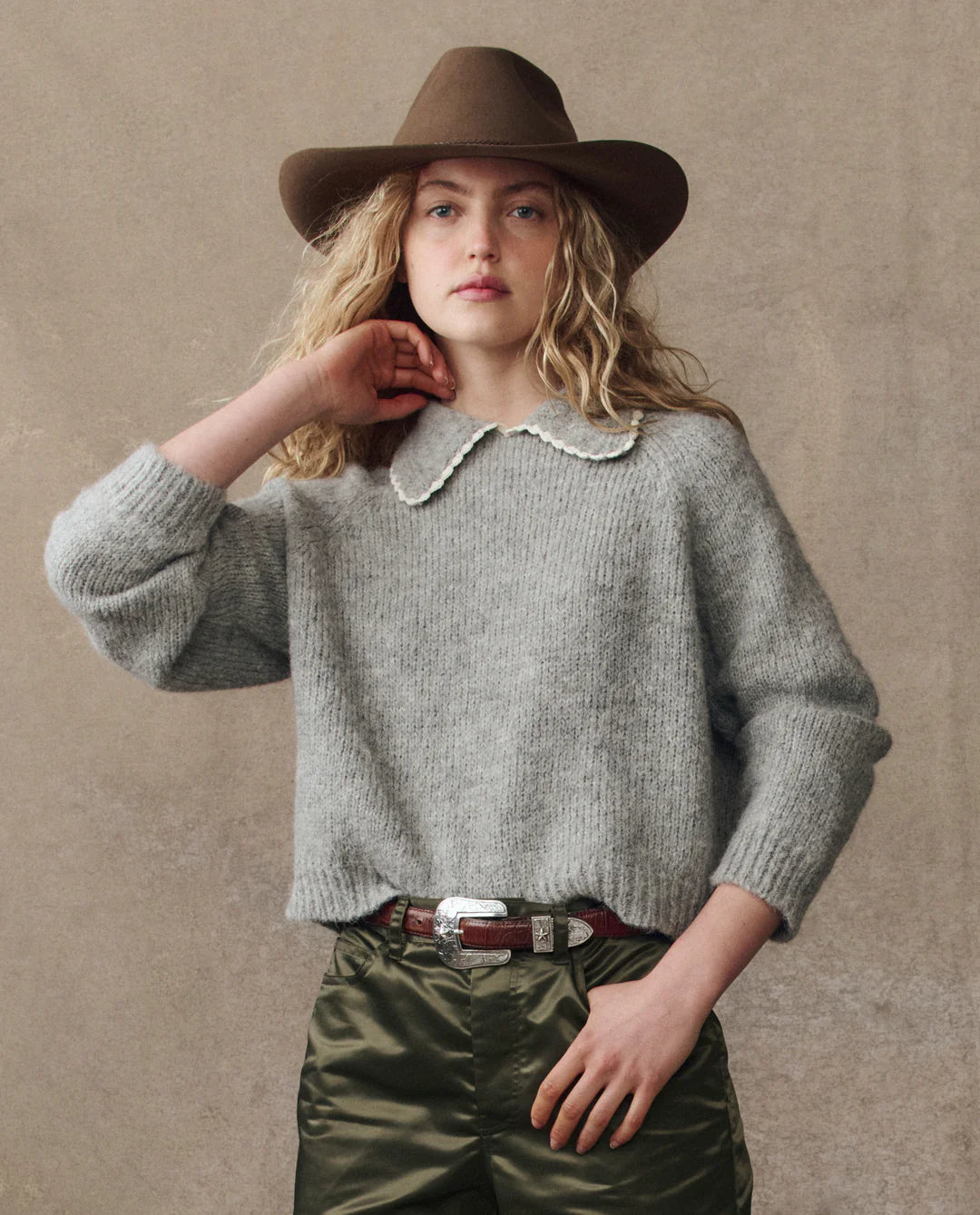 The Great The Crochet Collar Pullover - Heather Grey