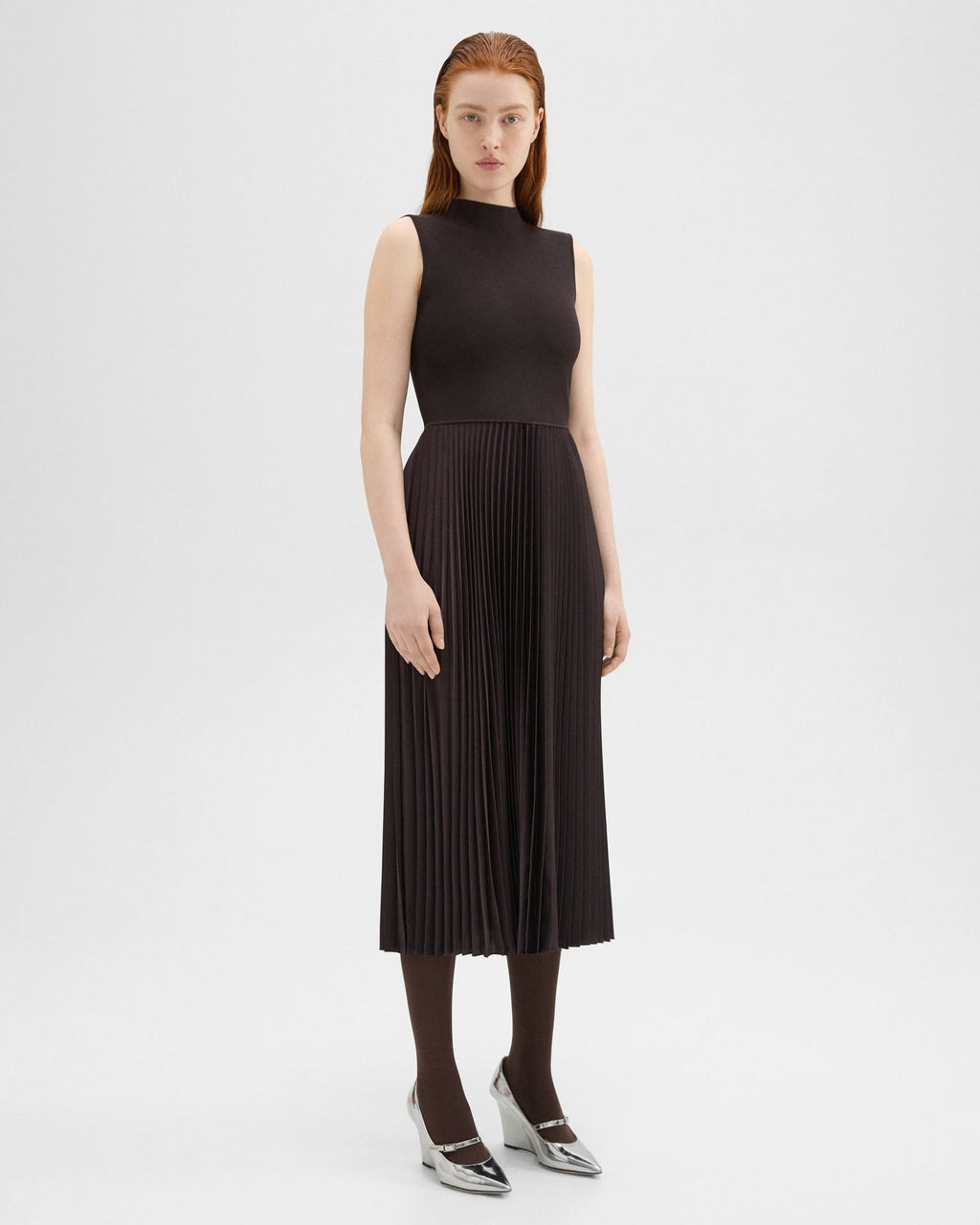 Theory Pleated Combo Dress in Textured Satin - Mink