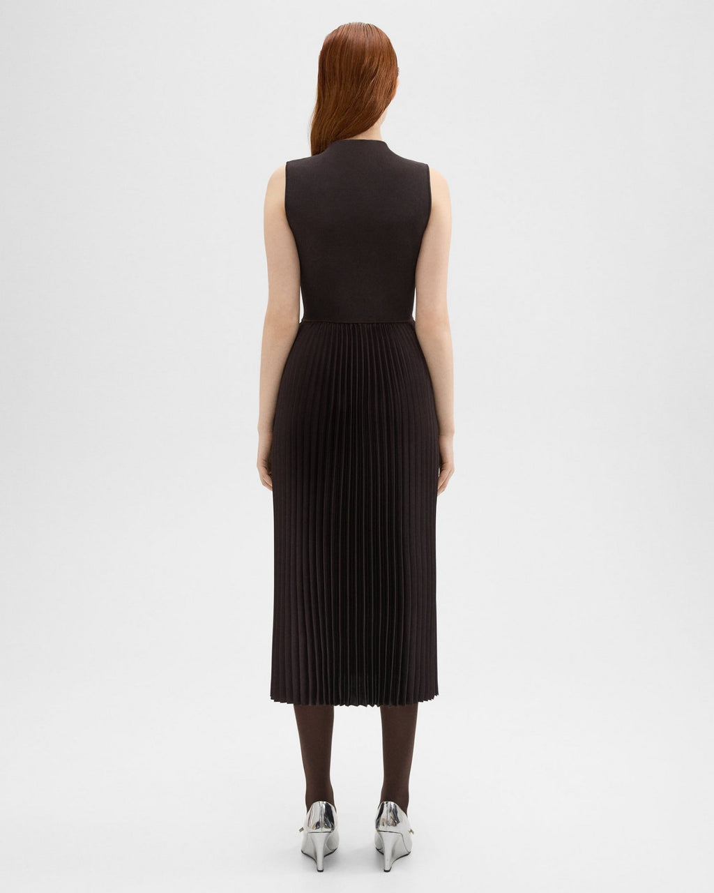 Theory Pleated Combo Dress in Textured Satin - Mink